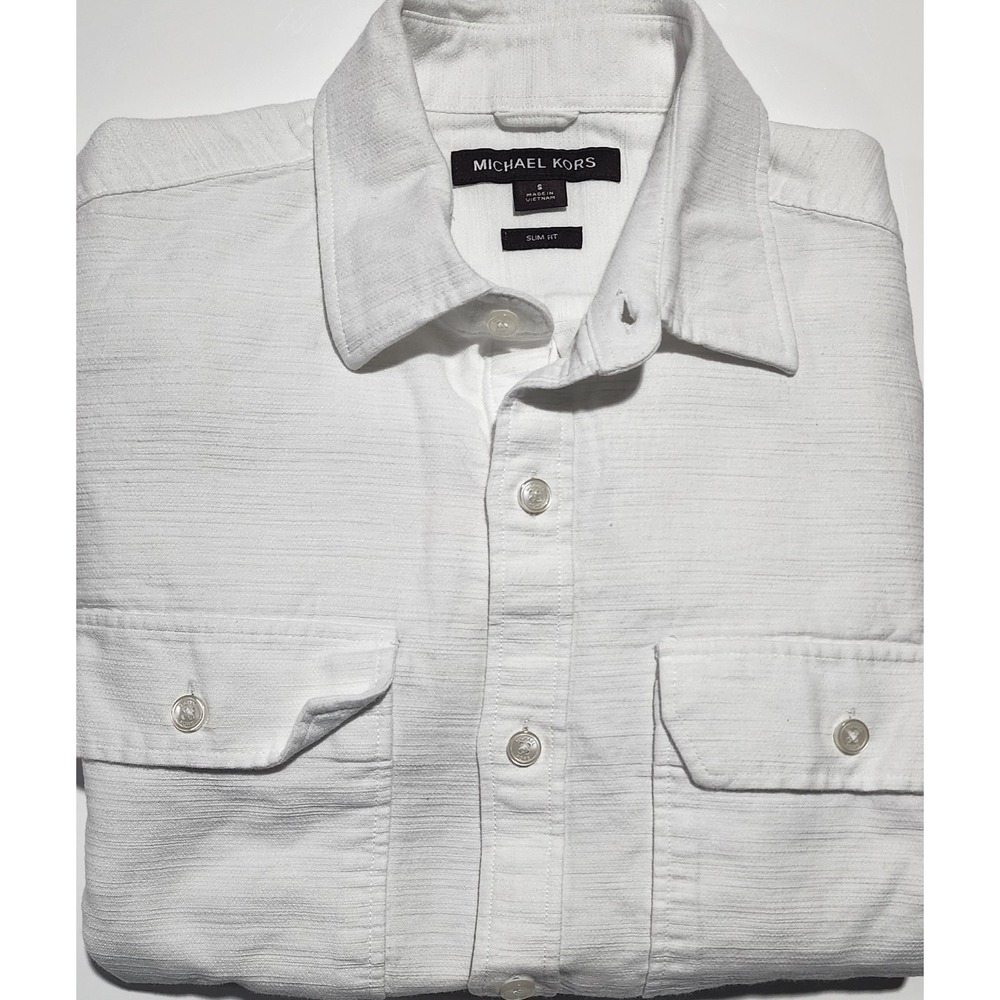 Michael Kors Mens Ivory White 100% Cotton Slim-Fit Button Down L/S Shirt Size S
